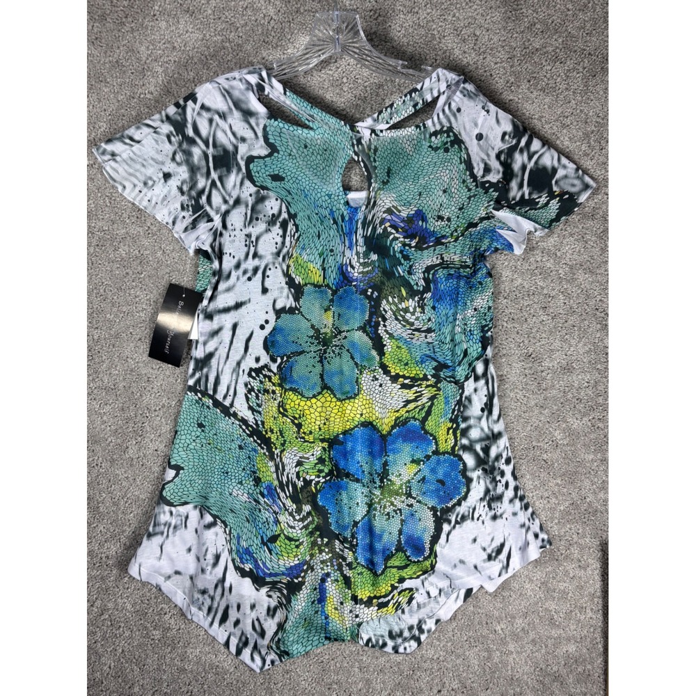 BLEU Women's Medium Blue Green Floral Print Twisted Cutout Tunic Top - Picture 5 of 13